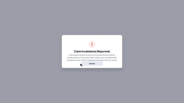 Insurance Claim Rejected Popup Notification due to Pre-existing Health Condition Clause
