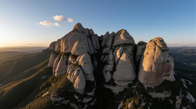 The Montserrat Massif in Catalonia, Spain, stands majestically at golden hour, its light-colored limestone layers glowing softly beneath a tranquil clear sky.