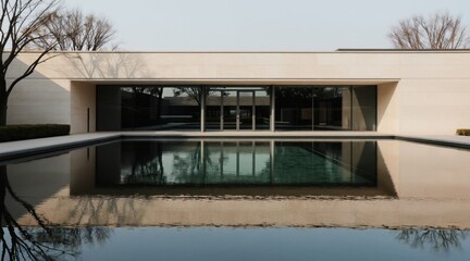 Fototapeta premium Modern minimalist stone building with glass entrance and reflecting pool. Building exterior features clean lines, geometric shapes and minimalist landscaping. Sunlight creates shadows on facade.