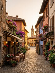 Fototapeta premium [Generative AI] Charming European Old Town Street with Colorful Flowers