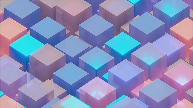 Seamless looping 3D isometric abstract background with layered floating cubes and soft neon gradients blue purple pink