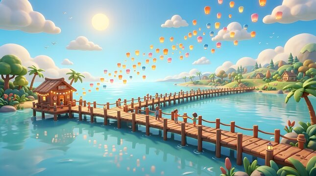 A beautiful tropical pier with a wooden hut and floating lanterns in the bright sunny sky.