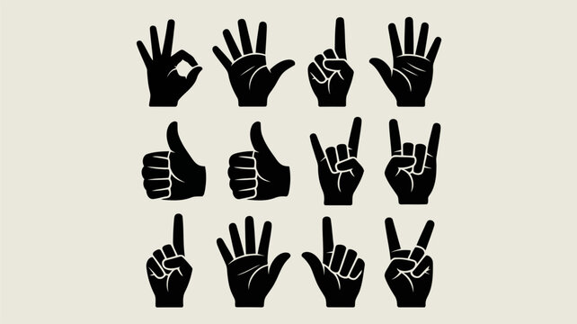 Collection of black hand gesture icons on beige background silhouette