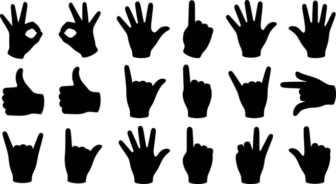 Collection of black hand gesture silhouettes on white background vector illustration