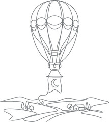 Fototapeta premium A minimalist continuous line drawing of a whimsical hot air balloon floating above a landscape.