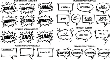 Comic Book Speech Bubbles And Starbursts Black And White Vector Illustration © neuraxi