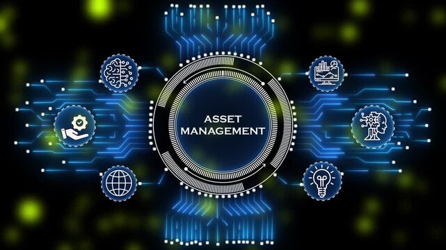 futuristic asset management interface with hexagonal business icons. modern technology  showing project management process. global business strategy and project workflow network dashboard.