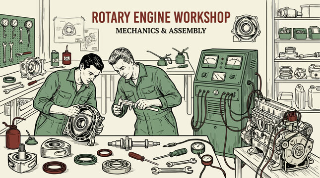 Professional mechanical engineers meticulously assembling complex internal combustion rotary engine components within a high-tech industrial workshop setting with precision tools and hardware.