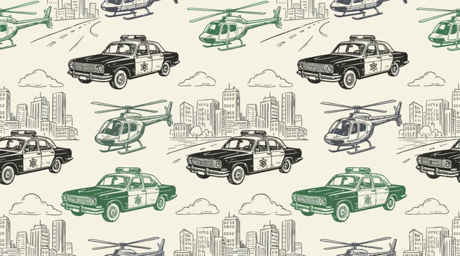 Seamless vector pattern featuring hand drawn police patrol cars and law enforcement helicopters flying over a detailed doodle cityscape backdrop ideal for child fabric textile and wallpaper design.