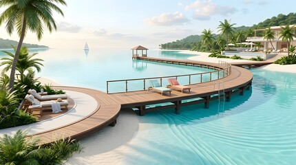 Fototapeta premium Luxury tropical resort with wooden pier extending into crystal clear turquoise lagoon water.