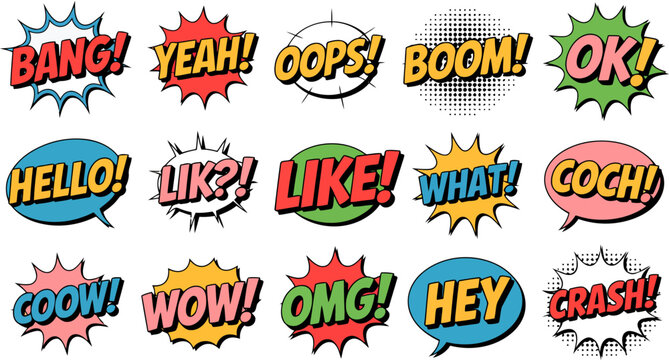 Comic book speech bubbles with words BANG,YEAH,OPS BOoM OK.HELLO,SELL,LIKE