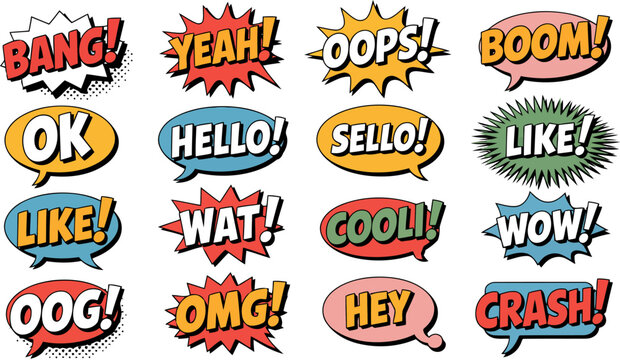 Comic book speech bubbles with words BANG,YEAH,OPS BOoM OK.HELLO,SELL,LIKE