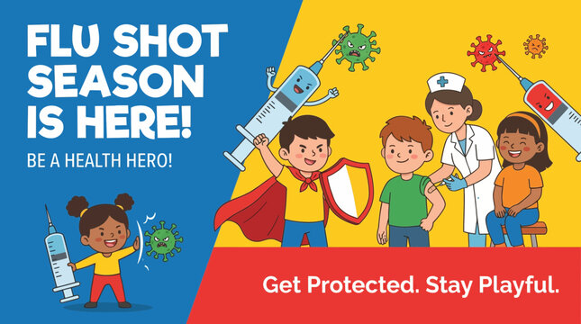 Flu Shot Season Banner with Cartoon Kids