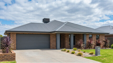 Fototapeta premium Single Story Suburban House with Front Garage and Green Lawn