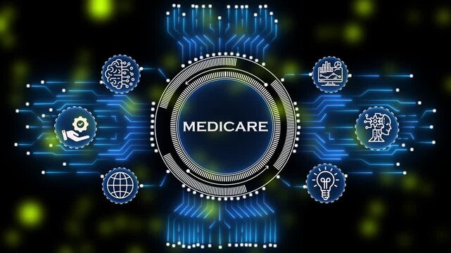 futuristic Medicare interface with hexagonal business icons. modern technology  showing project management process. global business strategy and project workflow network dashboard.