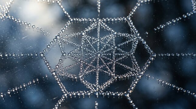 Intricate spider web pattern covered in crystal clear morning dew drops against dark background