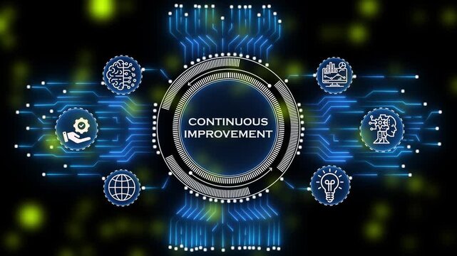 futuristic continuous improvement  interface with hexagonal business icons. modern technology  showing project management process. global business strategy and project workflow network dashboard.