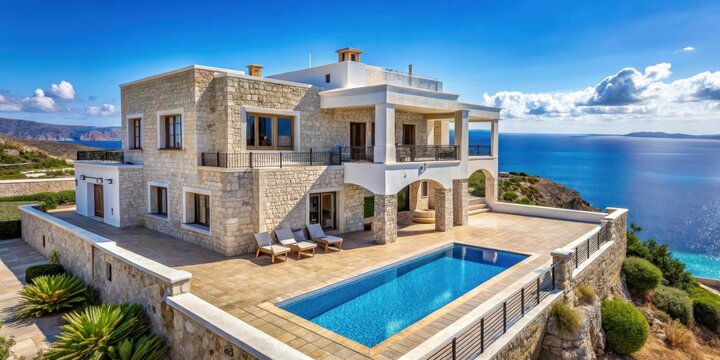 Large stone villa with whitewashed facade and blue accents