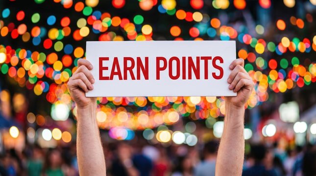 Person holding sign that says earn points in front of colorful lights