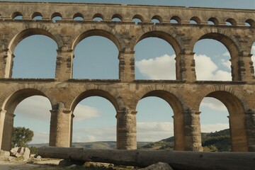 Fototapeta premium The Pont du Gard Roman Aqueduct stands majestically in southern France, its weathered stone arches a testament to ancient engineering.