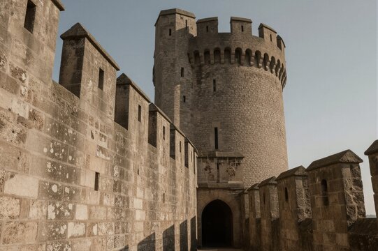 A medieval stone castle tower stands tall under a clear sky in southern Europe, its weathered walls and crenellated battlements evoking a sense of ancient strength.
