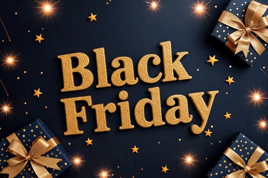 Black Friday shopping sale with gold gifts and stars on dark background