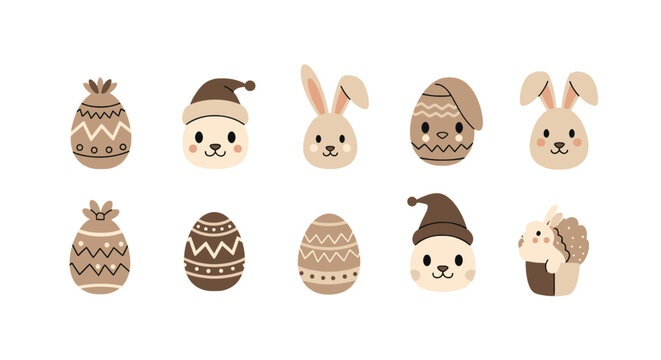 Cute cartoon easter egg and bunny faces in brown tones