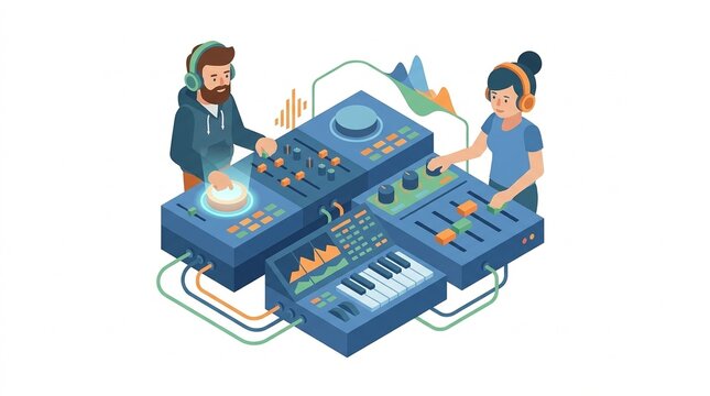 Isometric illustration of music producers turning knobs on a giant DJ mixer synthesizer