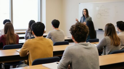 Fototapeta premium Students listen intently to instructor at whiteboard in modern classroom. People learn new concepts during academic lesson. Participants attend educational seminar.