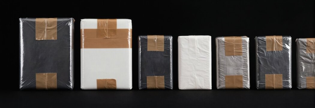 Several packed rectangular blocks are sealed in clear plastic wrap with brown tape. These illegal drug packages are arranged in a row against a black background, indicating a drug bust or seizure.