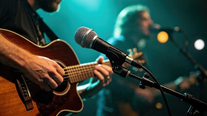 Obraz premium Musician Playing Acoustic Guitar On Stage, Close Up Of Hands Strumming Strings, Live Concert Performance With Microphone Stand, Musical Band Singing In Background