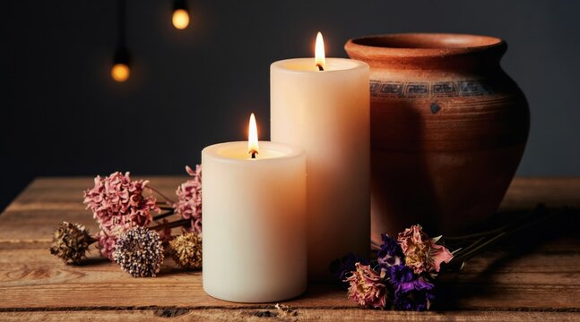 Two white pillar candles burn brightly on a rustic wooden table. Dried flowers and a clay pot accent the warm, peaceful atmosphere. Soft light glows creating a serene ambiance, ideal for wellness.