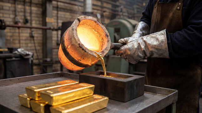 Worker pouring gleaming molten gold from a crucible into a mold to create gold bars in a metal refinery