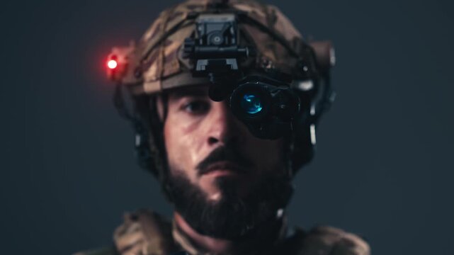 Soldier in tactical camouflage uniform with night vision device standing confidently against a dark background. Concept military technology, combat readiness and security.
