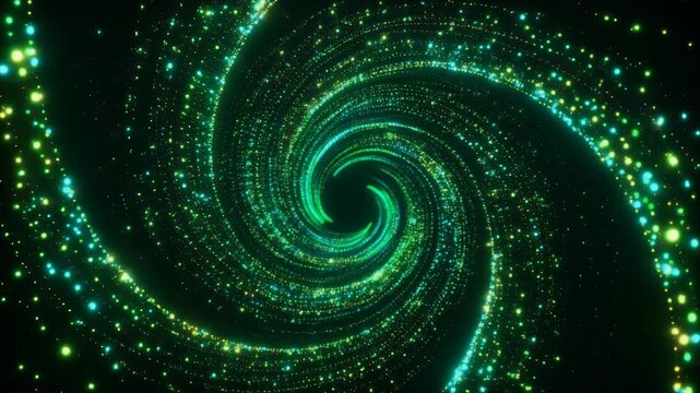 Vibrant green spiral galaxy with stars.