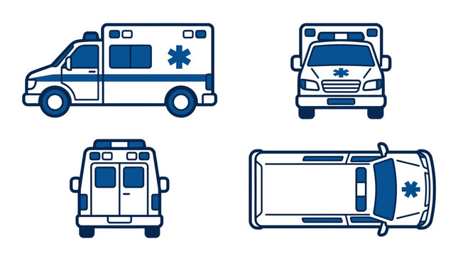 A set of blue ambulance vehicle icons on white background