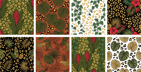 Tropical Jungle Seamless Pattern Collection Featuring Leopard Skin Animal Print Monstera Palm Leaves Ivy Vines Ginger Flowers and Prowling Cheetahs © MdFaruk