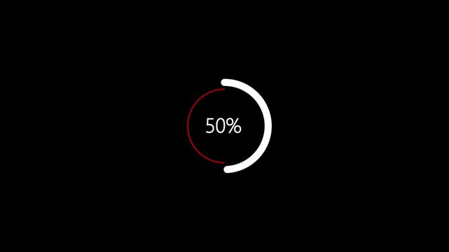 Circular Progress Bar Animation with Percentage Countdown From 0 to 100 Representing Digital Loading Buffering Status Software Update and Data Processing Isolated on Black Background.