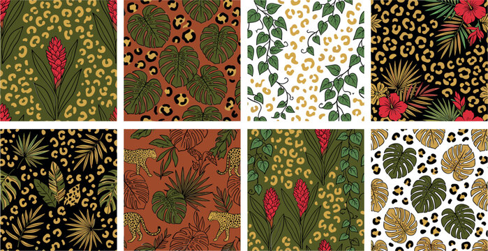 Tropical Jungle Seamless Pattern Collection Featuring Leopard Skin Animal Print Monstera Palm Leaves Ivy Vines Ginger Flowers and Prowling Cheetahs