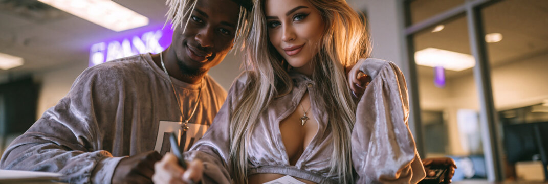 young couple smiling in casual clothing at workplace 