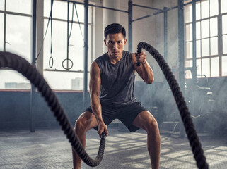 Obraz premium Muscular Asian man vigorously training with heavy battle ropes in a well-equipped, industrial-style fitness gym.