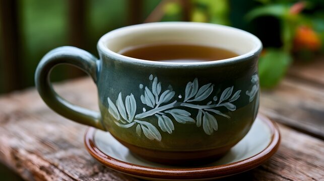 A clean colorful herbal tea cup displays sparkling reflections and smooth gradients highlighting earthy textures in a rustic style