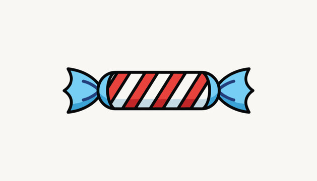 Sweet wrapped candy with classic red and white striped pattern and bright blue wrapper ends, cartoon illustration.