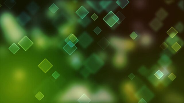 Green gradient background animation featuring floating diamond shapes and soft bokeh light effects motion video footage