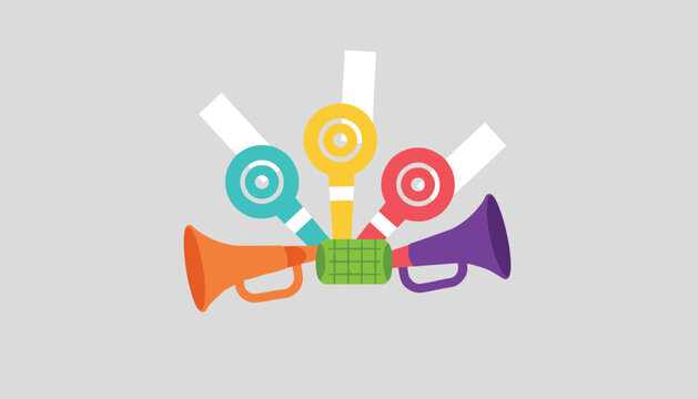 Group of colorful carnival noise makers and party horns grouped together, vector illustration on grey background.