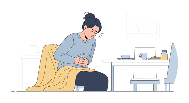 Woman Experiencing Abdominal Discomfort After Breakfast, Feeling Unwell with Stomach Pain