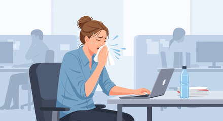 Naklejka premium Woman Experiencing A Cold, Sneezing While At Work Amidst Office Environment