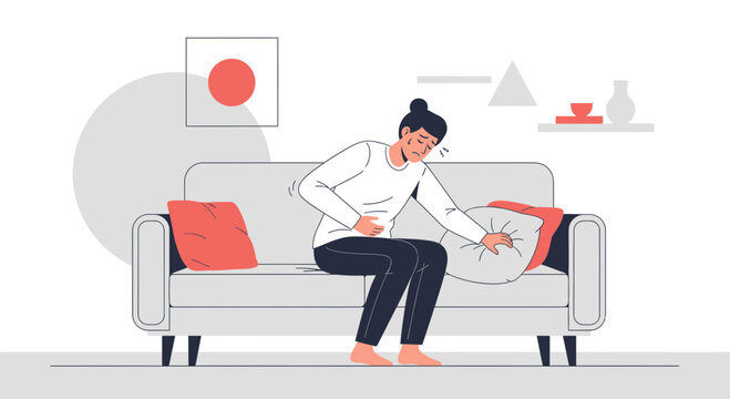 Woman Experiencing Abdominal Discomfort and Aching, Illustration of Stomach Pain on Couch