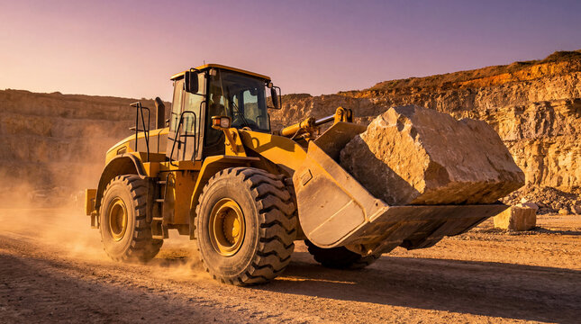 A powerful yellow front end loader transports a large rock at a dusty quarry during the golden hour. Heavy machinery at work