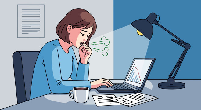 Woman Coughing While Working on a Laptop, Illustrating Illness And Financial Decline